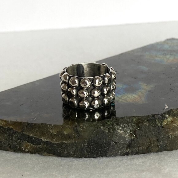 Sterling Silver 925 Mexico Chunky Dots Bubble Bead Ball Wide Band Ring Sz 5.75 - Picture 2 of 15